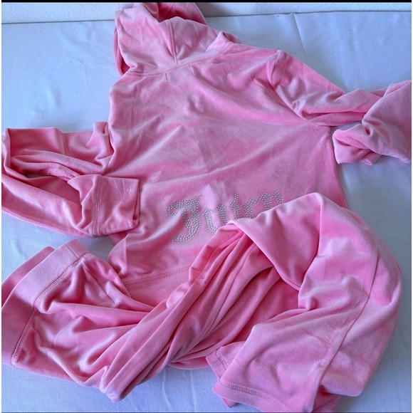 Juicy Couture Velour Tracksuit flamingo Pink Rhinestone Hoodie Pants Set Small - Picture 5 of 10